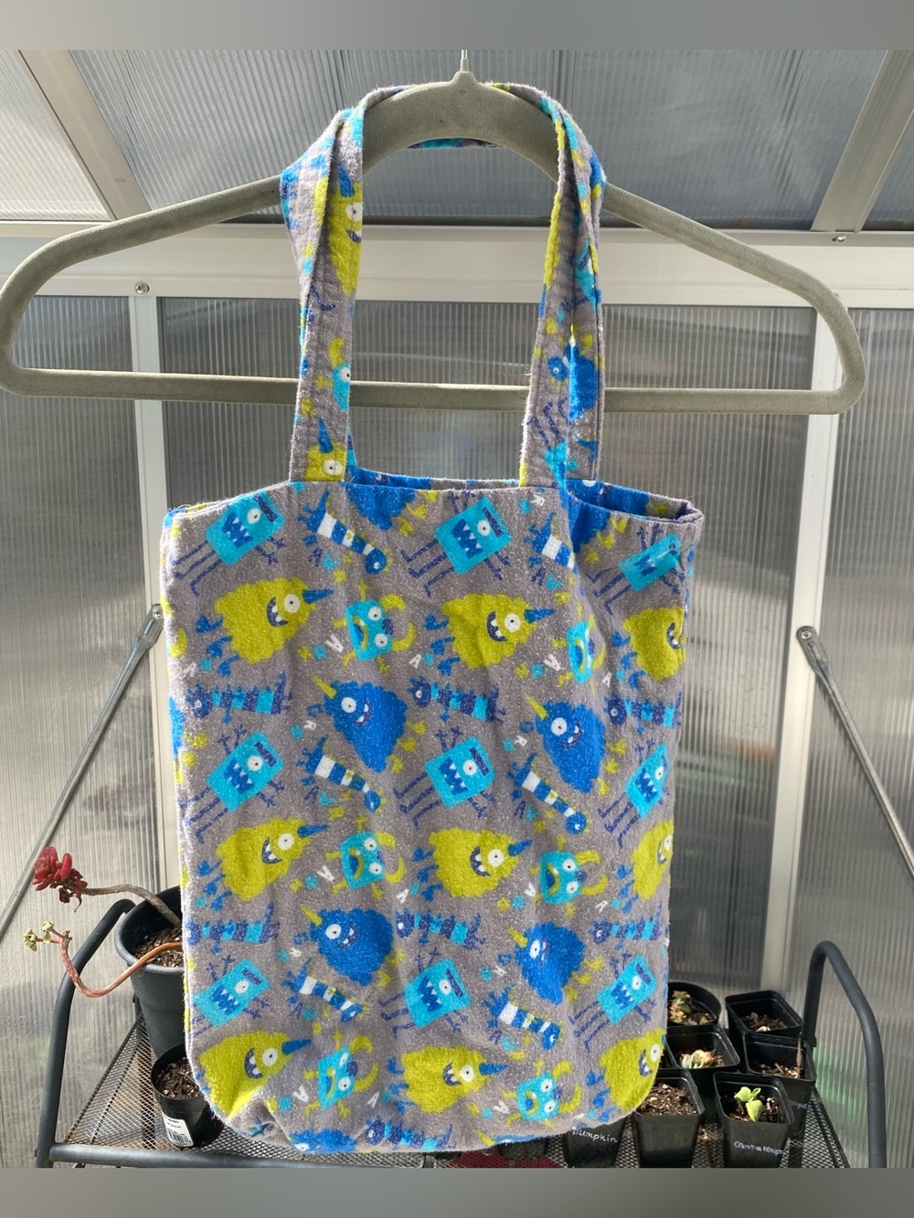 Handmade Grey Monster Print Fabric Lined Travel Tote Bag
